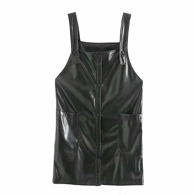 Spring Fashion Women Black PU Leather Suspender Mini Dress Female Patch Pocket Clothes Casual Lady Loose Vestido D7233 210430