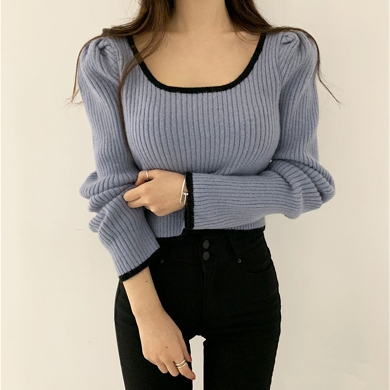 Korean Puff Sleeve Knitted Short Pullover Top Women Square Collar Long Vintage Sexy Sweater Fashion Ladies Elegant Jumper 210514
