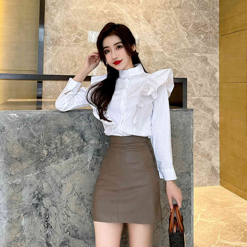 Korean Fashion Stand Collar Long Sleeve Ruffles Shirts Women White Casual Loose Blouse Blusas 210519