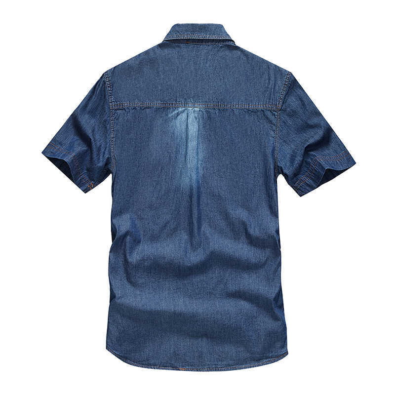 Men's Denim Shirts Summer Blue Pocket Short Sleeve Casual Shirts 100% Cotton Slim High Quality Tops Breathable Camisa Masculina 210603
