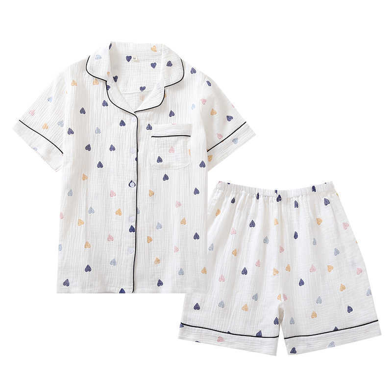 Japanese summer ladies cotton gauze short sleeve shorts pajamas suit cute heart-shaped thin section home service suit woman 210924