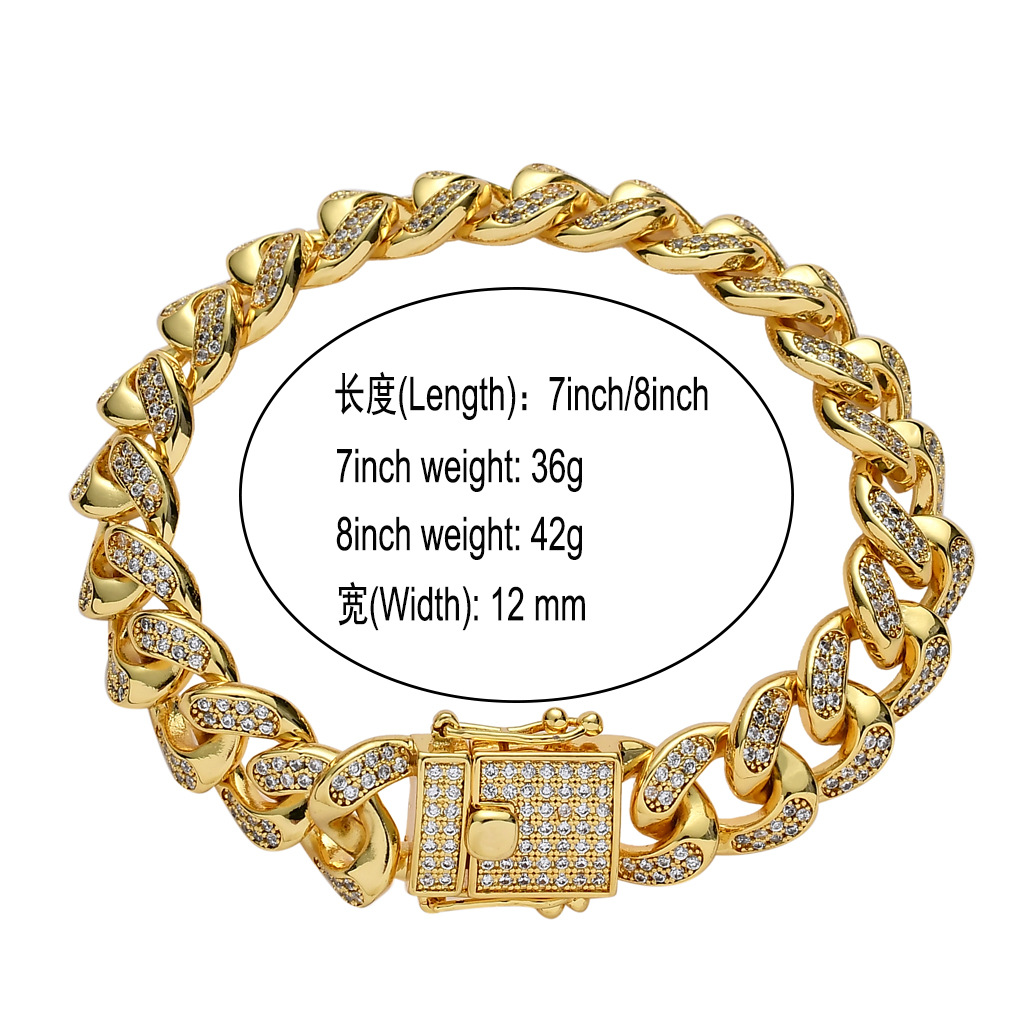 New Fashion Iced Out CZ Miami Cuban Link Chain Bracelet 18K Real Gold Hip hop Jewelry for Men Pulseira Cubic Zirconia Curb Wristband Bijoux punk Rock 