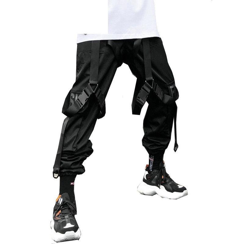 Streetwear Cargo Pants Men Harajuku Tactical Ribbon Multi-pocket Trousers Women Elastic Waist HipHop Male Black Pant Men's