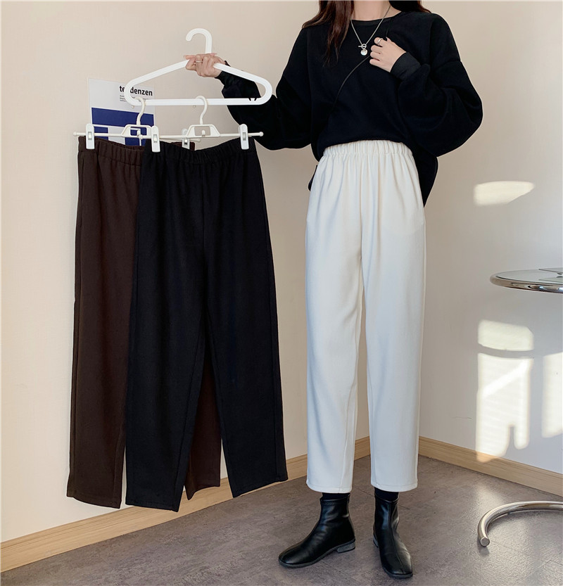 OL Retro Elastic High Waist Straight Harem Woolen Pants Women Autumn Winter Casual Warm Loose Grandma Trousers 210421
