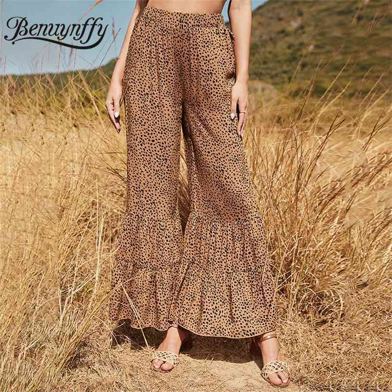 Summer Casual Fashion Leopard Print Trousers for Women Loose Elastic Waist Flared Long Pants Clothing 210510