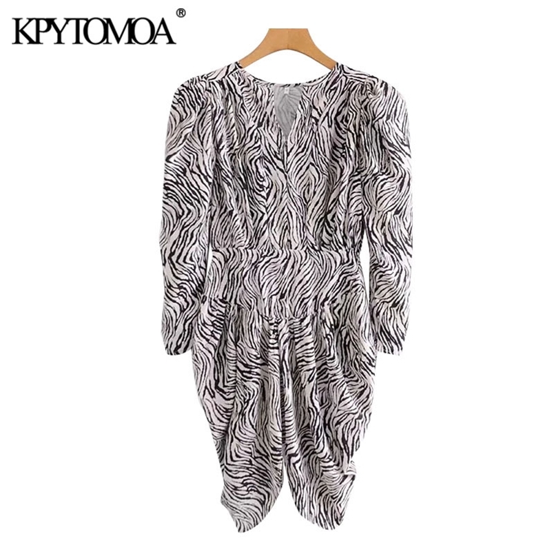 Women Chic Fashion Zebra Print Asymmetrical Mini Dress Long Sleeve Back Zipper Female Dresses Vestidos 210420