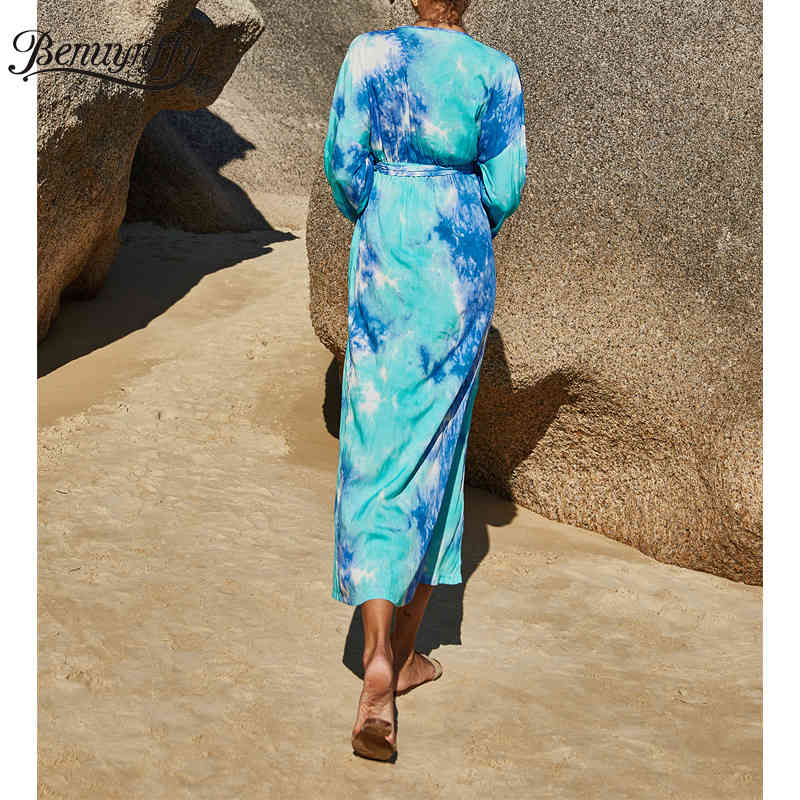 Surplice Neck Tie Dye High Split Long Dresses Women Summer Vacation Casual Waist Drop Sleeve Belt Dress 210510