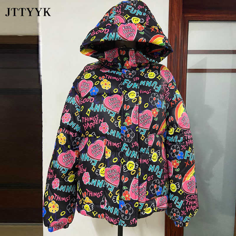 Oversize Clothes Winter Down Jacket Women Print Padded Coat Female Fashion Style zipper Short Outerwear Hooded Parka Mujer 210819