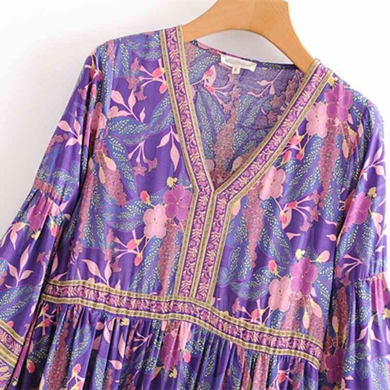 beauty Fashion Boho Vintage Floral Print Maxi Dress Women Beach Chic Pagoda Sleeve Dresses Female Vestido De Moda 210514