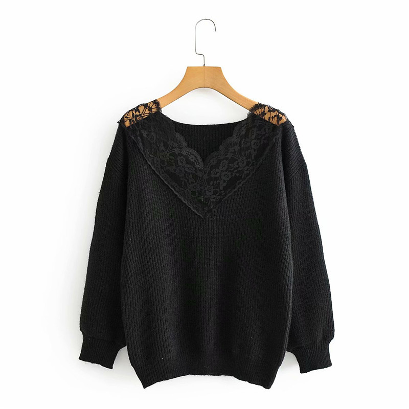 Autumn Women fashion V-neck Lace Solid Knitted Pullover Chic Lady Long Sleeve Loose White Sweater Fashion Jumpers 210421