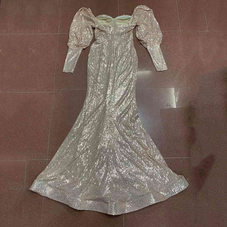 Free High Quality Sequins and Floor Dress Women Sexy Lantern Bodycon Fishtail Club Runway Party Vestidos 210524