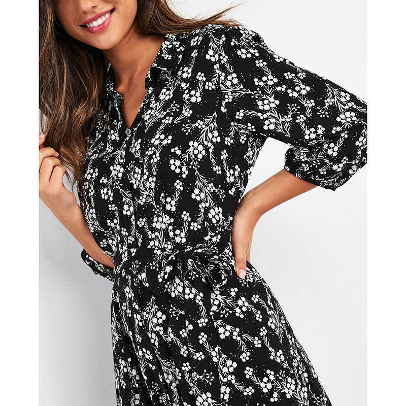 Women Maxi Dress Vintage Floral Print Chiffon Boho Long Dress Turn Down Collar Casual Elegant Shirt Dresses Robe Femme Vestidos 210630