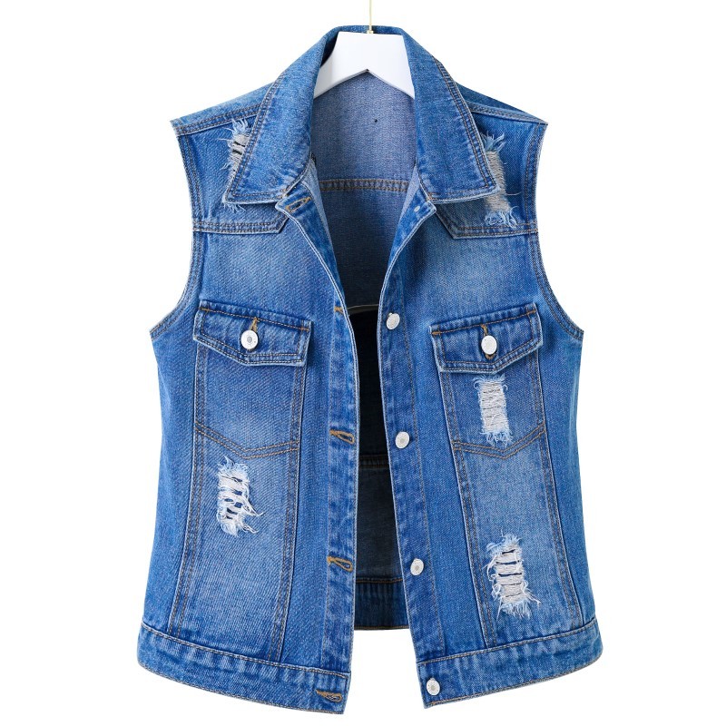 Autumn Women's Denim Vests Coat Sleeveless Casual Turn-down Collar Loose Hole Vest Tops Female Short Jackets 210514