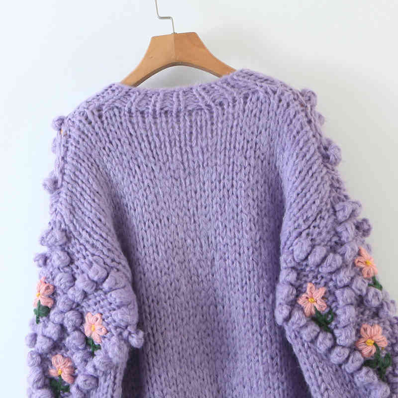 High Quality Heavy Handmade Crochet Knitted Cardigan Purple O Neck Puff Sleeve Sweater Jacket Embroidery Jacquard Jumpers Korea 210429