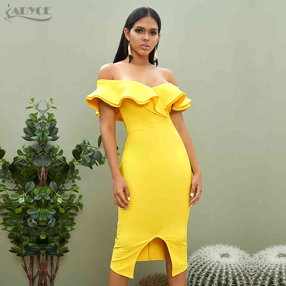 Summer Sexy Off Shoulder Women Bandage Dress Ruffles Slash Neck Yellow White Club Celebrity Party Runway Dresses 210423