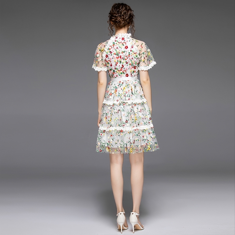 High Quality Summer Fashion Runway Vintage Dress Women Lace Mesh Ruffles Flowers Embroidery Ladies es 210520