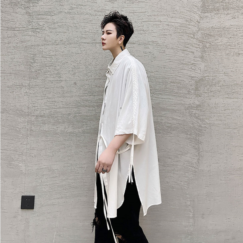 IEFB Summer Trend Three Quarter Sleeve White Shirt Men's Loose Personality Casual Oversized Shirts Streetwear Rope Tops 210524