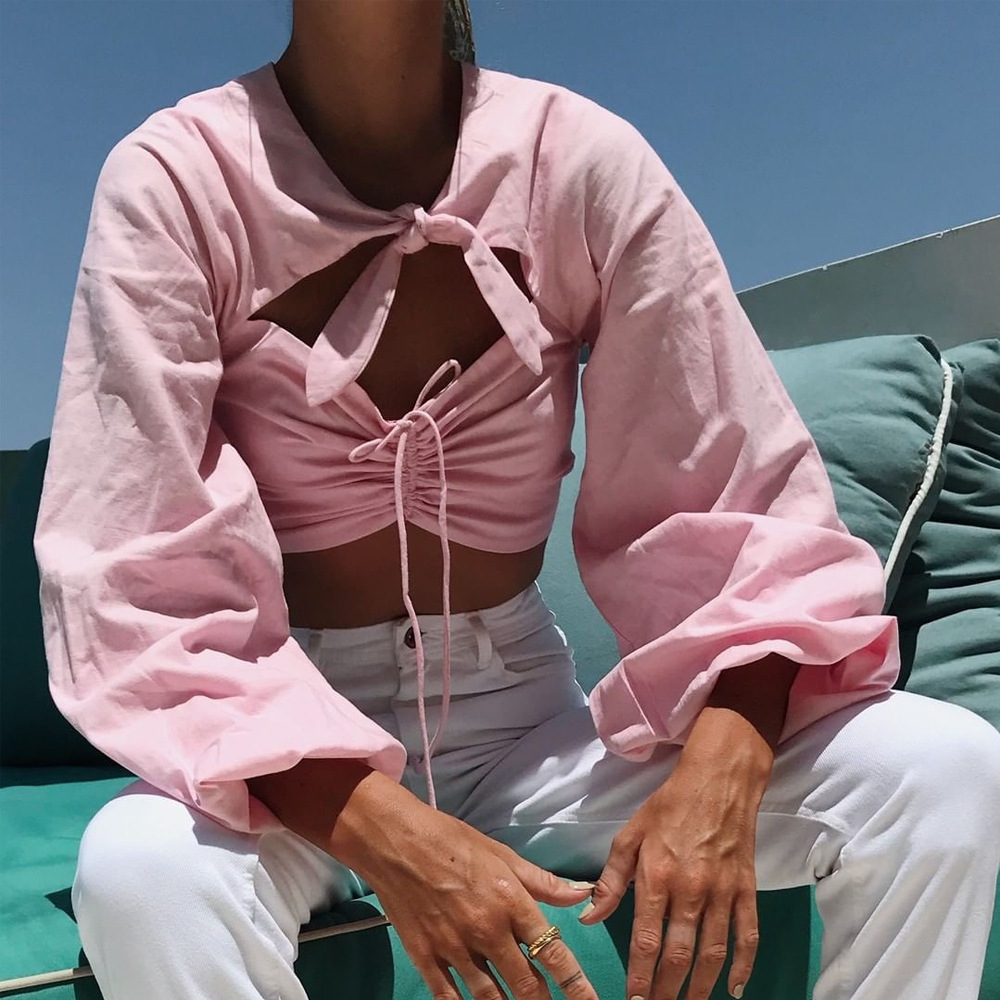 vintage lantern sleeve ruched blouse tops women autumn winter bowknot front cut pink crop chic blusa mujer 210427