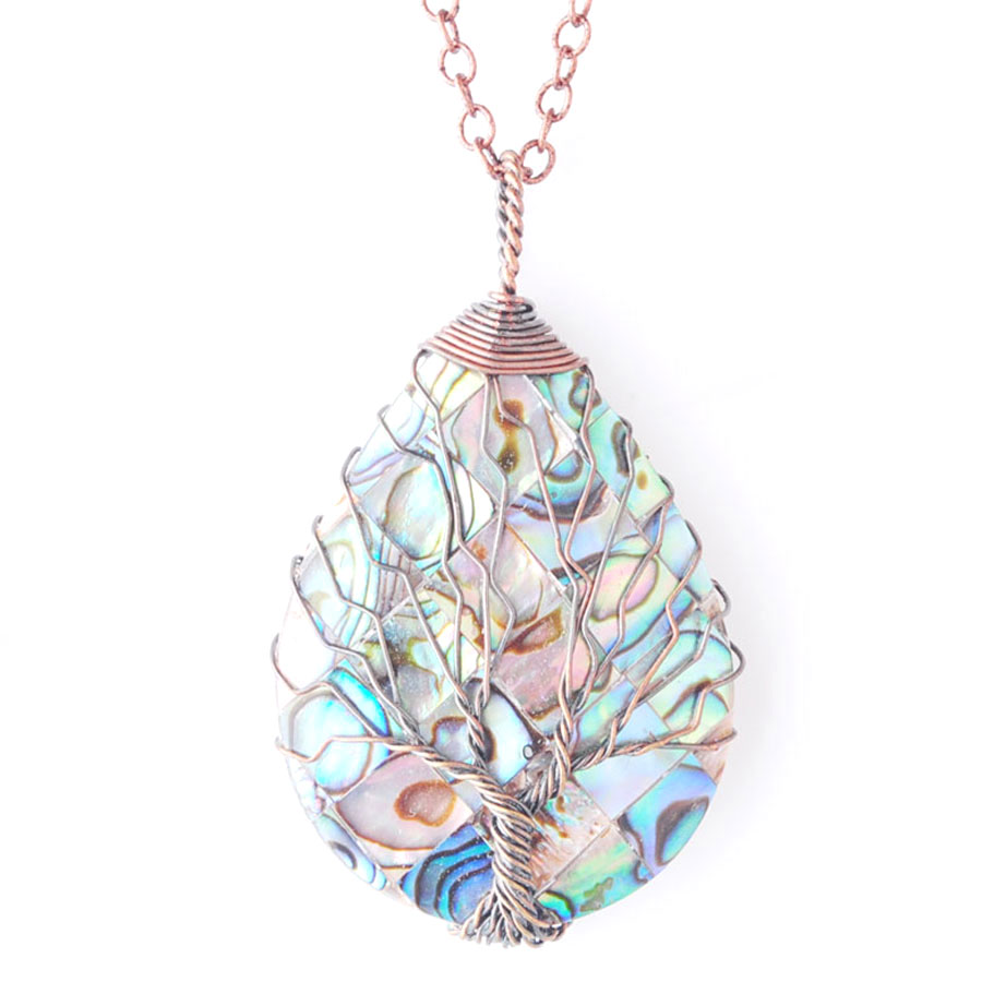 WOJIAER Tree of Life Wire Wrap Water Drop Bead Necklace Pendant Natural Abalone Shell Jewelry Chain 18 Inches BW919