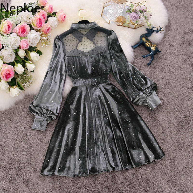 Neploe Chic Sequined Velvet Dress Patchwork Gauze Beading Robe Stand Neck Hollow Out Vestidos Flare Sleve Elegant Dresses Women 210422