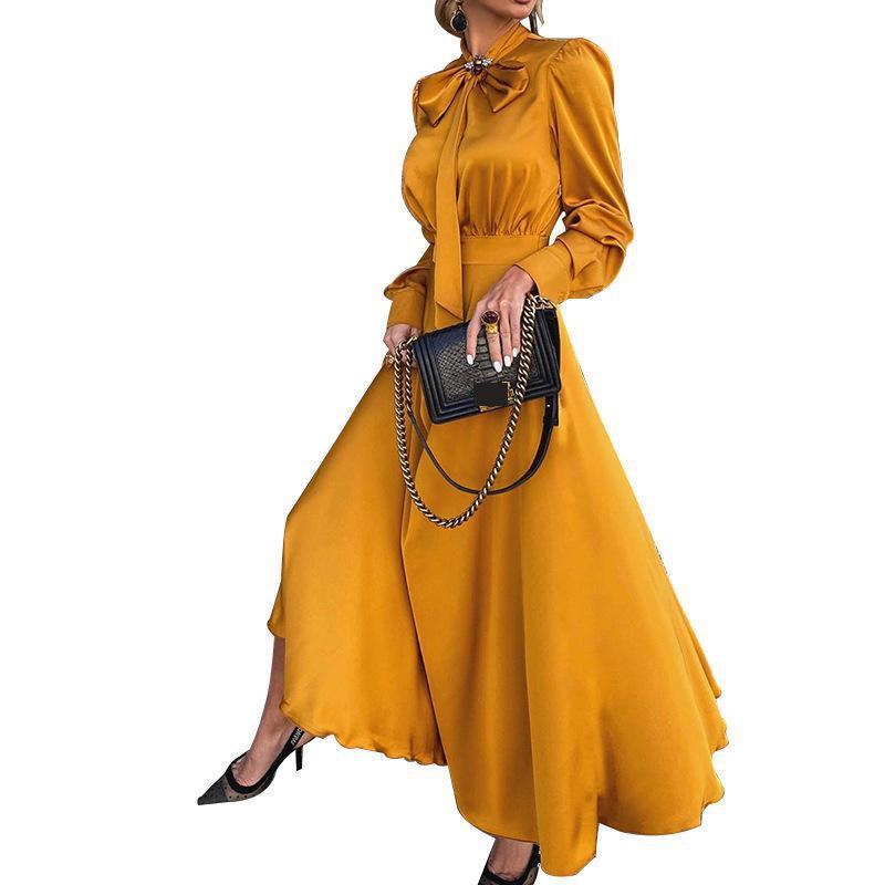 Women Dress Temperament Bow Tie Maxi Long Sleeve High Waist Large Hem Ladies es Black Red Autumn 210524
