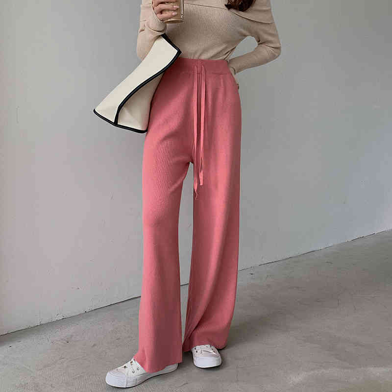 OL Elastic High Waist Wide Leg Knitted Pants Women Fashion Autumn Winter Bottoms Thick Warm Casual Loose Trousers 210421