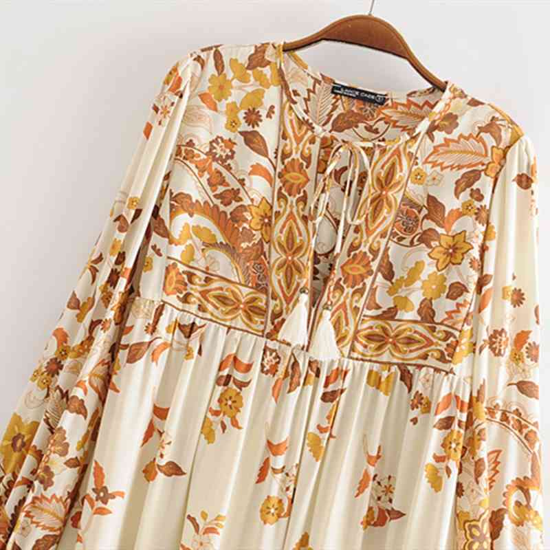 Chic Summer Vintage Floral Bow Tie Boho Long-sleeved Dress Woman Vacation V-neck Floor Beach Long Vestidos De Verano 210514