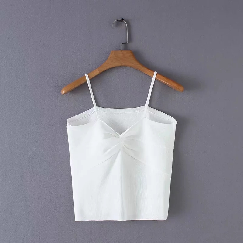 Women Knotted Fold Knitting Sling T shirt Casual Lady Sexy Short Tops Fashion Feminina Solid Color T-shirt T1059 210430Z