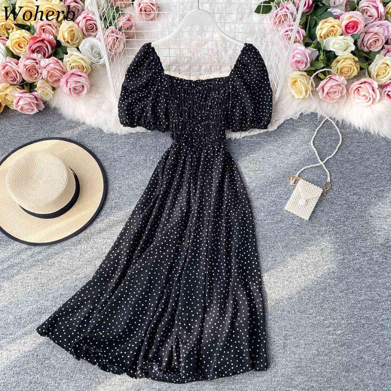 Summer Elegant Floral Dress Women Slim A Line Puff Sleeve Square Collar Dresses Ladies Korean Beach Robe Vestido 210519