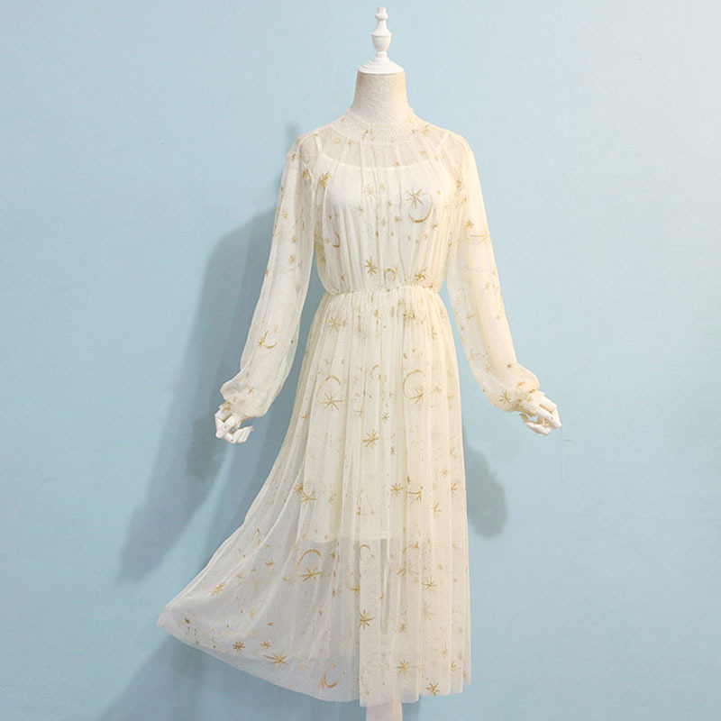 Star Moon Embroidery Dress Women Printing Mesh Puff Sleeve Long Gray Beige Navy Stand Collar Midi Party 12992 210427