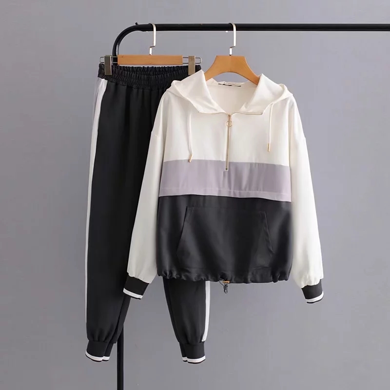 Winter hoodies Tracksuit women two piece set casual stripe hoodies+ high waist pants outfits 210521
