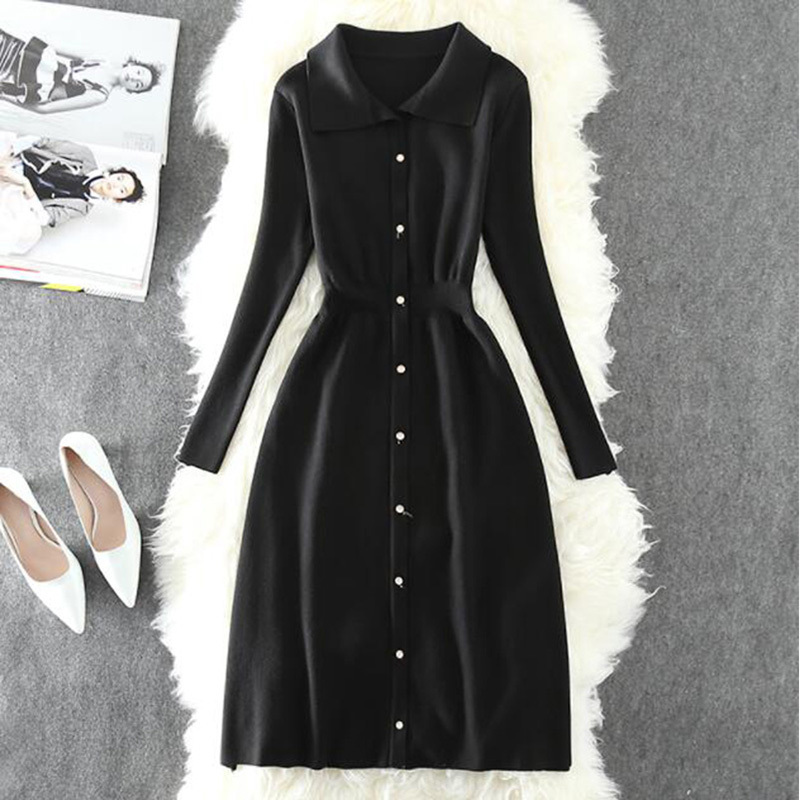 Women Kintted Dresses Fashion Arrival Long Sleeve A-line Midi Dress Women Casual Single-breasted Sweater Dress 210521