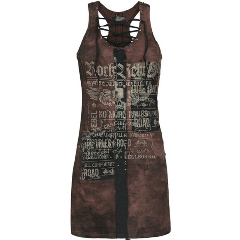 Punk Style Womens Club Gothic Skull Printing Vest Sexy Bandage Sleeveless O Neck Camisole Mini Dress Plus Size Casual Dresses