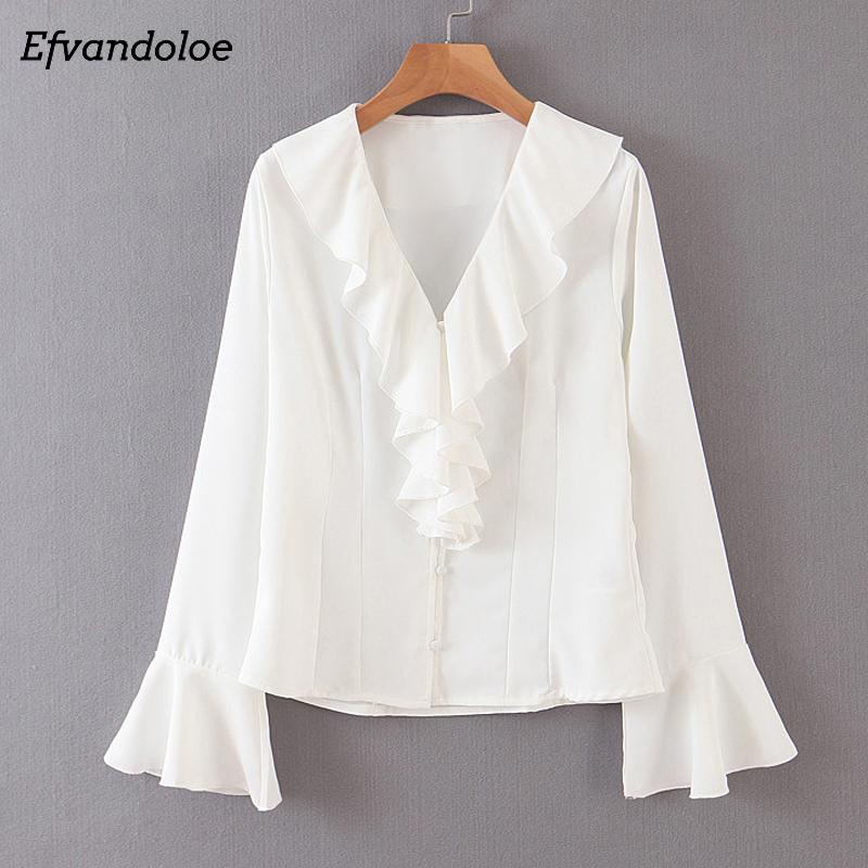 Women' Blouses & Shirts Efvandoloe Elegant White Blouse Women Flare Sleeve V Neck Ruffle Chic Tops Female Autumn Ladies
Women' Blouses & Shirts Efvandoloe Elegant White Blouse Women Flare Sleeve V Neck Ruffle Chic Tops Female Autumn Ladies
