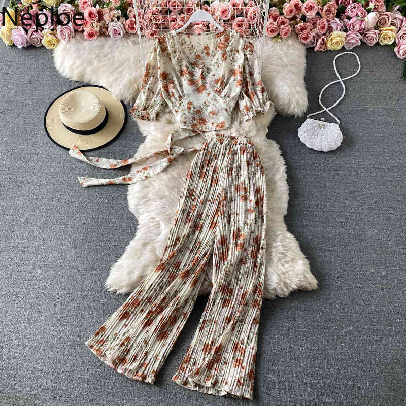 Neploe Summer Floral Suit Two Piece Outfits for Women V-neck Shirt Crop Tops Pleated Wide Leg Pnats Femme Roupas 2 Piece Set 210422