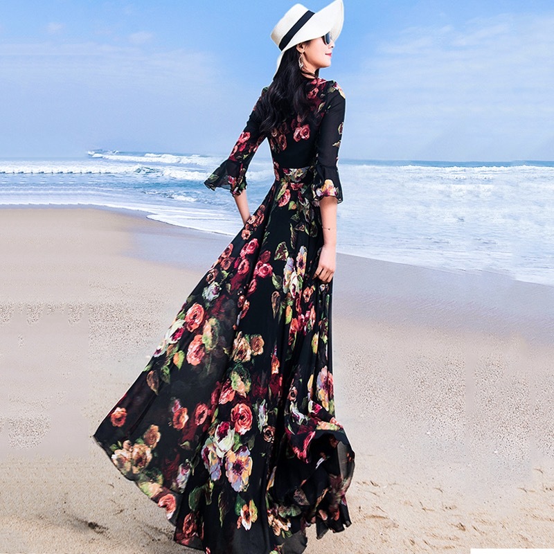 peony flower printed flare Sleeve Spring Fashion Long Dress Beach Bohemian Maxi dress Plus Size 210421
