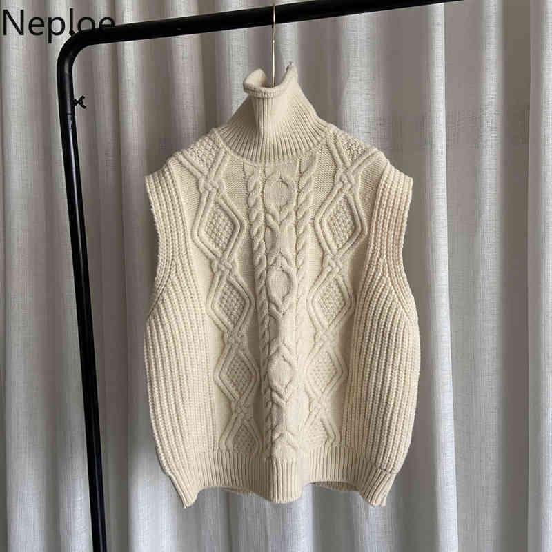 Neploe Korean Turtleneck Sweater Vest Women Sleeveless Thicked Knitted Ribbed Waistcoat Fall Clothes Pullovers Tank Tops 210422