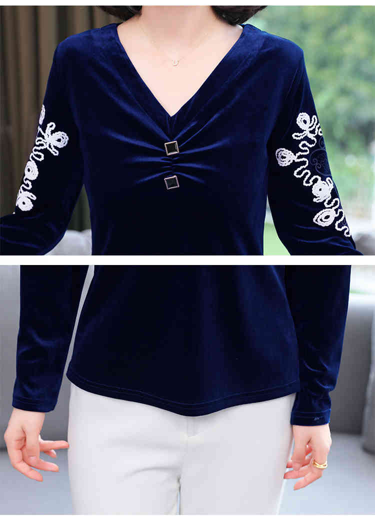 Womens clothing Black Korean V-neck Printed velvet Velour Long Sleeve Embroidery Blusas Top Women Blouse Shirts 827A 210420