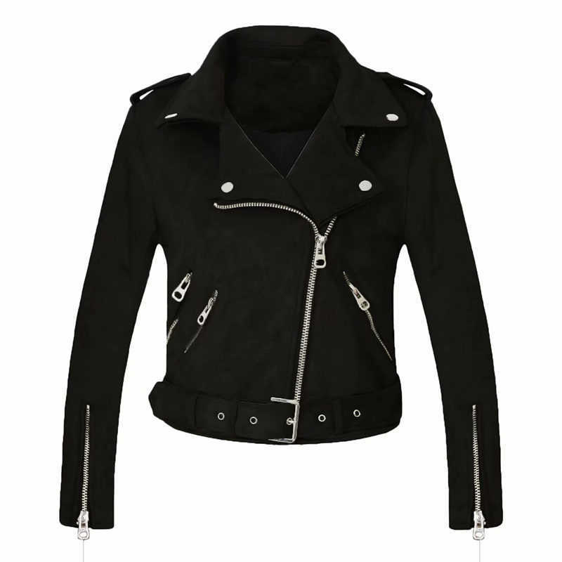 FTLZZ Women Faux Suede Jacket Coats Motorcycle Zipper Turndown Collar Faux Soft Leather Overcoat Female Black Punk Short Jacket 210909