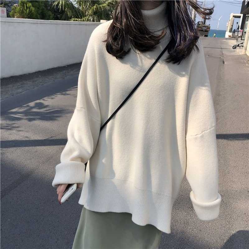Turtleneck Collar Sweater Spring Autumn Pattern Long Sleeve Solid Knitting Pulloveres Overszie Casual Women Black Blue 211018