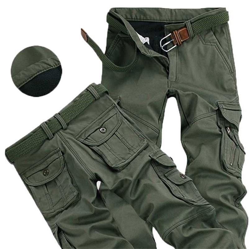 

Mens Winter Pants Thick Warm Cargo Pants Casual Fleece Pockets Fur Trouser Plus Size 38 40 Fashion Loose Baggy Joger Worker Male 211108, 022 khaki(no belt)