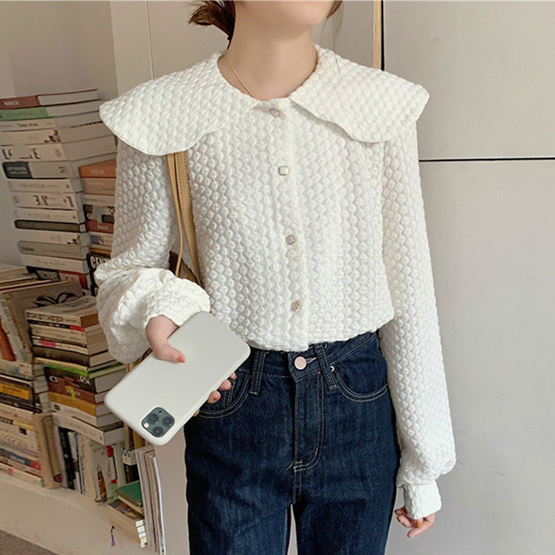 Nomikuma Sweet Peter Pan Collar Women Blouse Korean Autumn Winter Thick Top Blusas New Causal Femme Shirts Mujer 6D709 210427