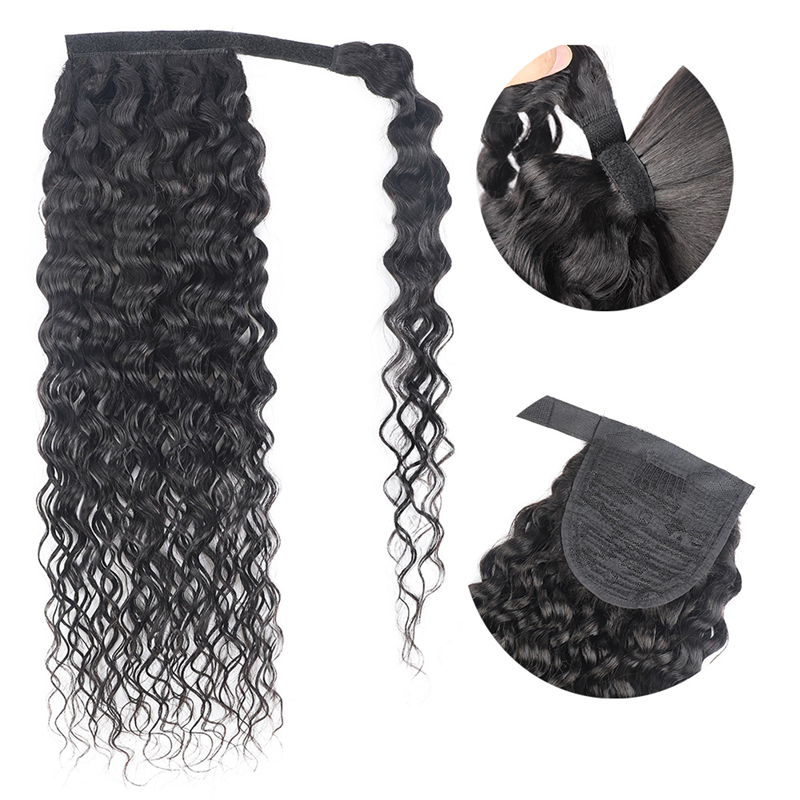 Ponytail 100% Human Hair Wrap Around Water Wave Ponytail Extensions Remy Hair Ponytails Clip in Hair Extensions Natural Color