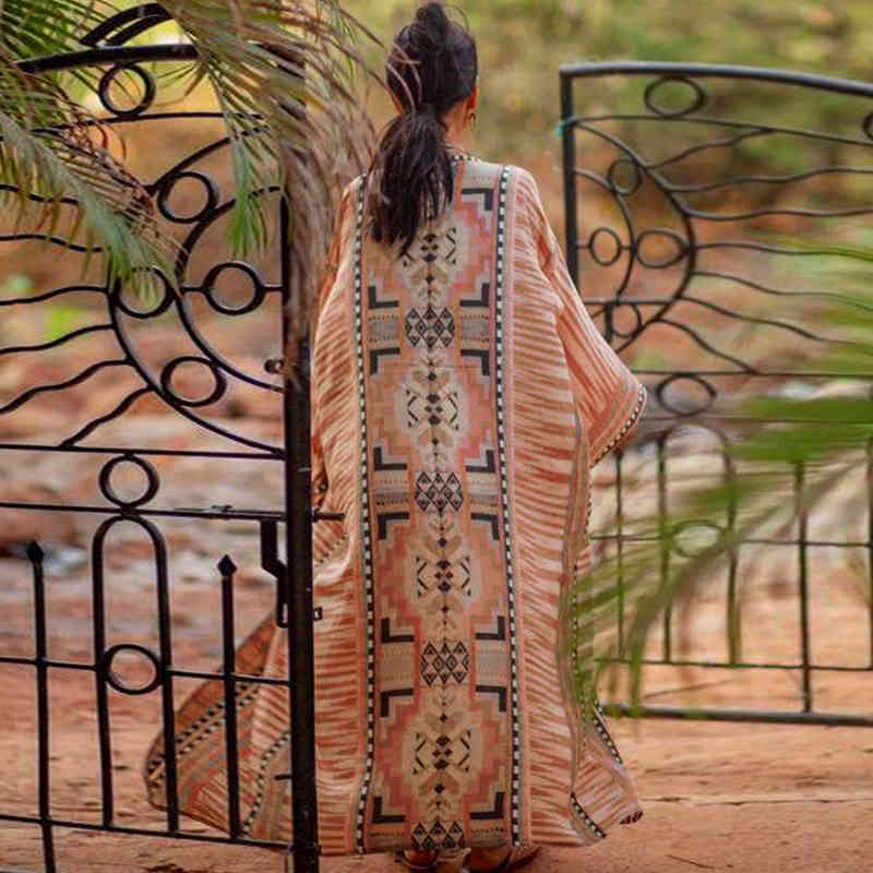 100% Cotton Printed Bikini Cover-ups Elegant Self Belted Komono Dress Tunic Women Plus Size Beach Wear Swim Suit Cover Up Q1228 210420