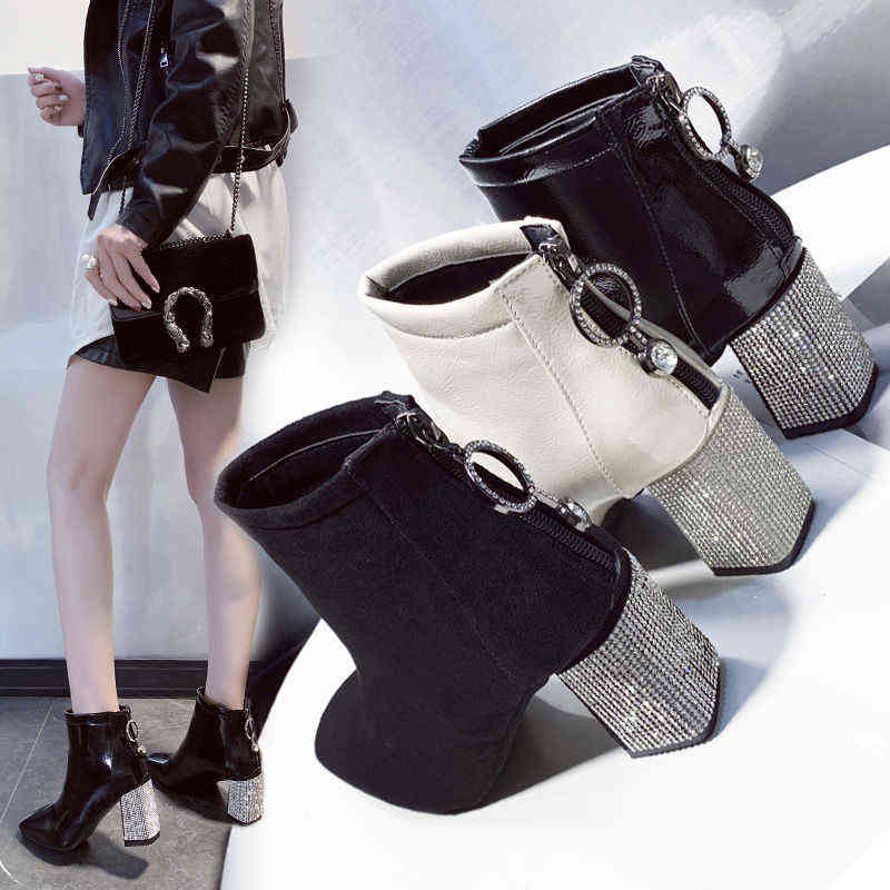 Square Toe Short Boots Woman 2020 Fall/Winter Shoes Women High Heeled Boots Rhinestone Chunky Heel Female Booties Large Size Y1105