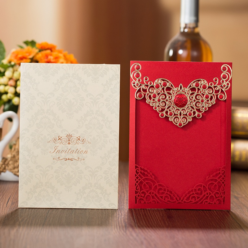 2021 Red Gold Laser Cut Crown Flora Wedding Invitations Card Greeting Cards Wedding Event Party Decoration with inner sheet and envelope