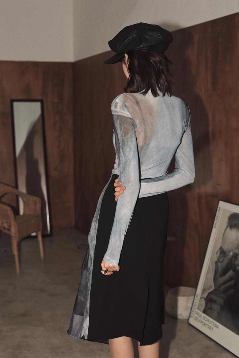 CHEERART Ocean Print Mesh Top Long Sleeve Turtleneck T Shirt Women Sheer Transparent Top Fashion Tee Shirt Aesthetic Clothes 210406