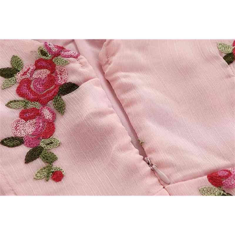 Fashion Summer Women's Sweet V Collar Flowers Embroidered Pink Chiffon Dress Slim Flare Sleeve Girls Short Dresses 210506