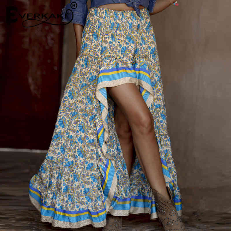 Everkaki Boho Print Long Skirts Women Bottoms Elastic Waist Gypsy Ethnic Ladies Skirt Female Spring Summer New Fashion 210408