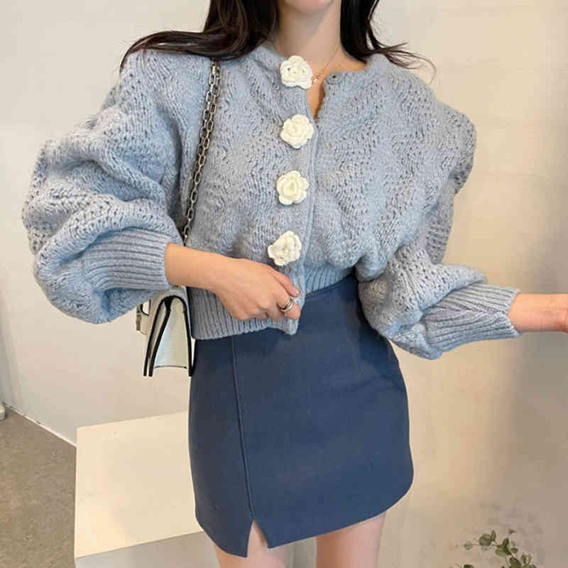Nomikuma Vintage Puff Sleeve O-neck Sweater Coat Korean 3D Flowers Knitted Cardigan Spring Short Knitwear Tops New 6E182 210427